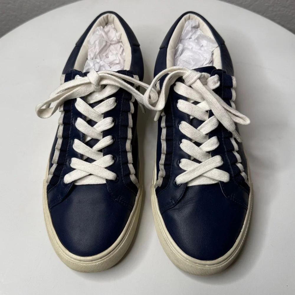 Tory Burch Sport Blue Ruffle Leather Lace Up Low Top Sneakers Logo Size 8.5
